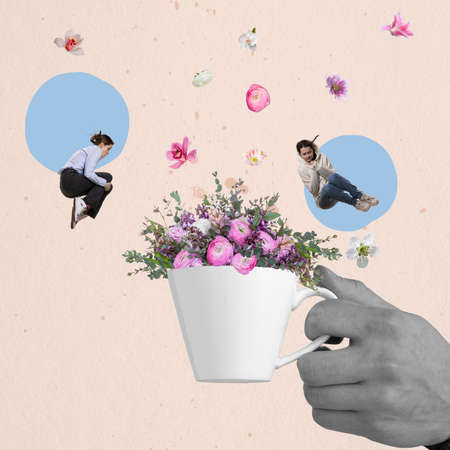 Contemporary art collage. Two young girls jumping into huge cup with flowers isolated over light abstract background. Concept of art, music, fashion, party, creativityの写真素材