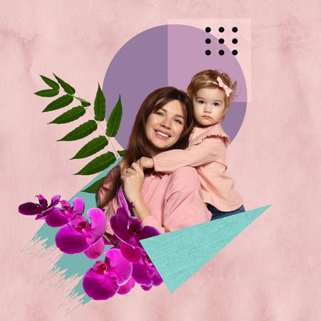 Contemporary art design for greeting card for Mothers day. Young woman and little girl, mother and daughter isolated on pink floral background.の写真素材