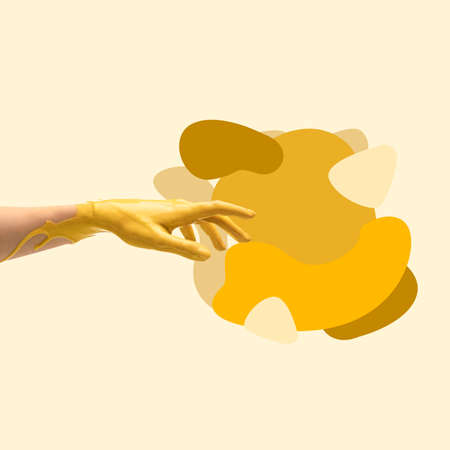 Collage with painted human hand gesturing isolated on light abstract background. Concept of human relation, symbolism, cultureの写真素材