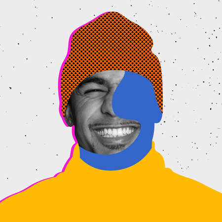 Contemporary colorful and conceptual bright art collage. Young smiling man in drawn stylish hat...