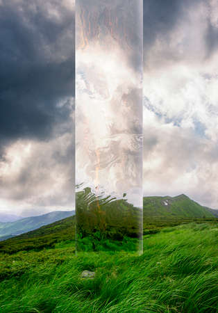 Summer landscape of hills covered with grass and cloudy rainy sky with futuristic design elements....