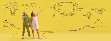 Flyer with funny kids, little boy and girl talking, dreaming isolated on yellow background with...
