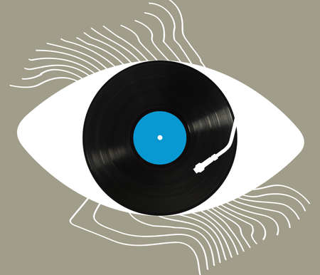 Contemporary art collage with retro vinyl disc isolated over light background. Concept of ideas,...