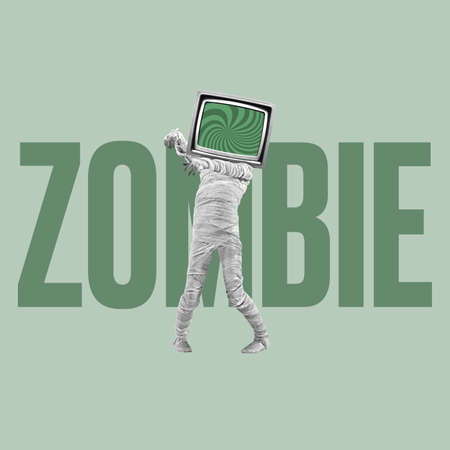Contemporary art collage. Man in image of zombie with TV set head isolated over green background. Blind followingの写真素材