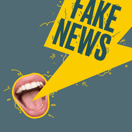 Contemporary art collage. Female mouth spreading fake news, wrong information isolated over grey backgroundの写真素材