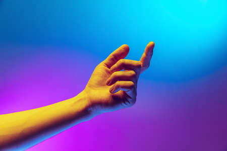 Studio shot of aethentic human hand isolated on gradient purple-blue background in neon light. Concept of human relation, community, togethernessの写真素材