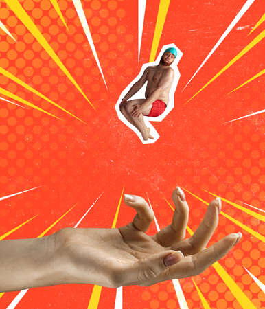 Contemporary art collage. Funny fat man in swimming cap jumping into female giant hand isolated over red backgroundの写真素材