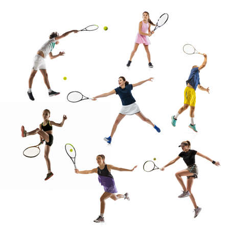 Set of portraits of active young people, tennis players in motion, training isolated over white studio background. Sportive youth. Healthy lifestyleの写真素材