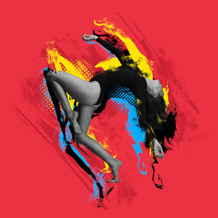 Creative artwork with stylish contemp dancer, beautiful woman dancing isolated on red background with colorful glitch effect. Contemporary art collage.の写真素材