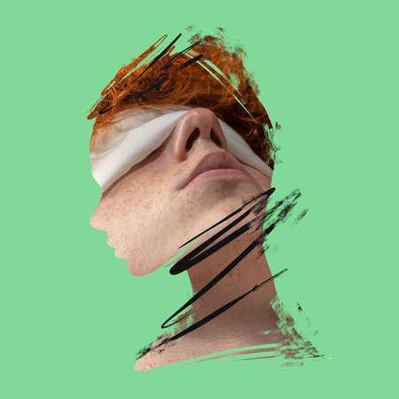 Creative art collage. Young mans face over green background. Poster graphics. Ideas, inspiration,...