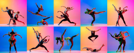 Two dancers, stylish sportive couple, male and female models dancing contemporary dance on colorful gradient background in neon light. Collageの写真素材