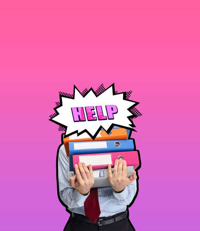 Contemporary art collage of business man with word help instead face isolated over pink background....