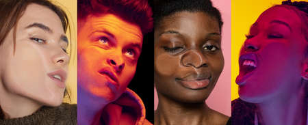Set of close-up faces of multiethnic young people crushed on glass isolated on colored background....