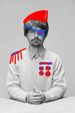 Contemporary artwork. Monochrome portrait of young strange man with bright drawings, doodles. Concept of art, creation, aspiration, humor, caricature. Vintage, retro styleの写真素材