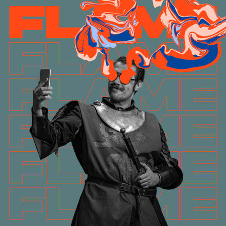 Contemporary art collage. Medieval knight, warrior taking selfie with phone isolated over grey...