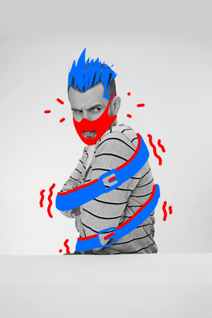 Contemporary artwork. Creative portrait of young strange man with bright drawings, doodles. Concept of art, creation, aspiration, humor, caricature. Vintage, retro styleの写真素材