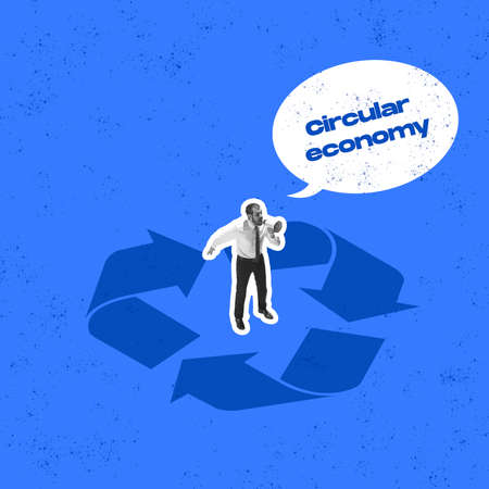 Contemporary art collage. Man standing inside recycling symbol and shouting in megaphone about circular economy importranceの写真素材