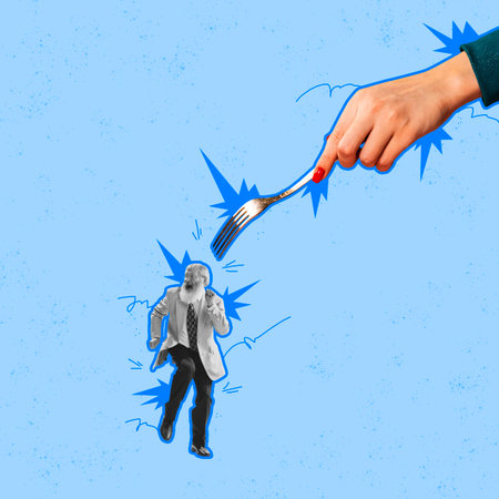 Contemporary art collage. Female hand holding fork and pointing at dancing senior man isolated over blue backgroundの写真素材