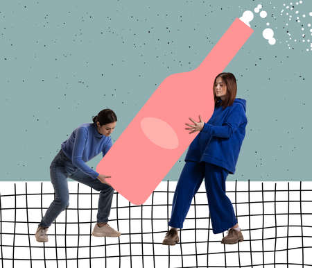 Contemporary art collage. Inspiration, idea, trendy urban magazine style. Young girls holding huge drawn bottle of lemonade isolated on gray backgroundの写真素材