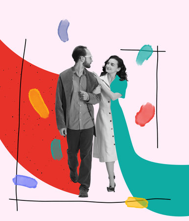 Bright contemporary art collage. Ideas, vintage, retro style, imagination. Young couple in love strolling on abstract background with drawings.の写真素材