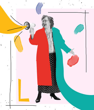 Bright contemporary art collage. Ideas, vintage, retro style, imagination. Senior woman shouting at megaphone on abstract background with drawings.の写真素材