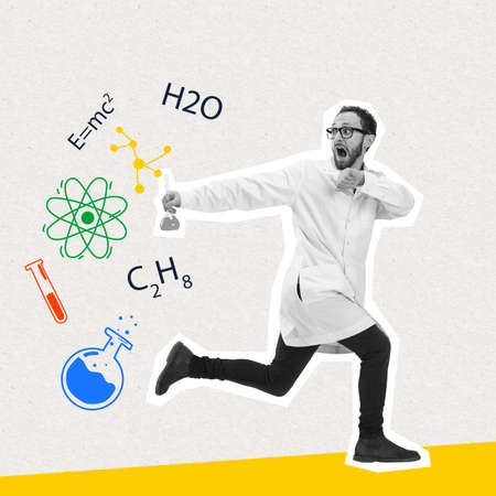 Contemporary art collage with running man, chemist, doctor in action and motion isolated on light...