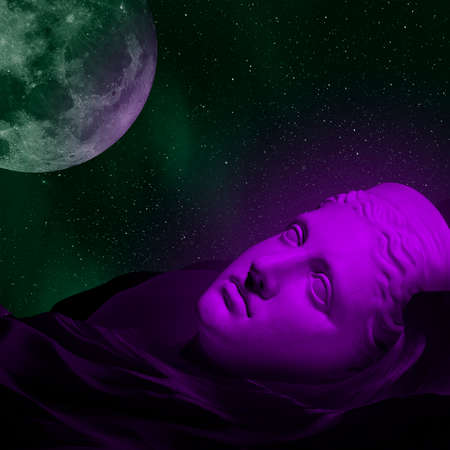 Collage with plaster head statue isolated on dark space background. Modern design. Surrealism....