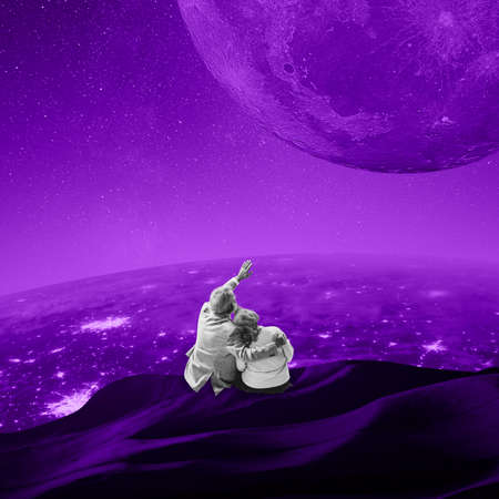 Contemporary art collage. Lovely elderly couple sitting on rock at night, looking at unknown planet...