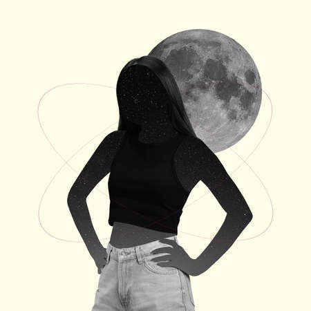 Silhouette of an unknown girl isolated on unknown planet background. Monochrome. Contemporary art...