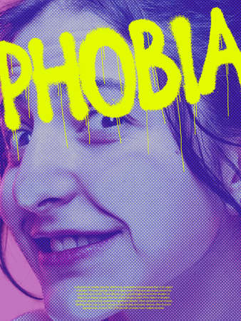 Conceptual poster with young womans face made with monochrome halftone vintage effect and neoned lettering. Concept of human psychological problemsの写真素材