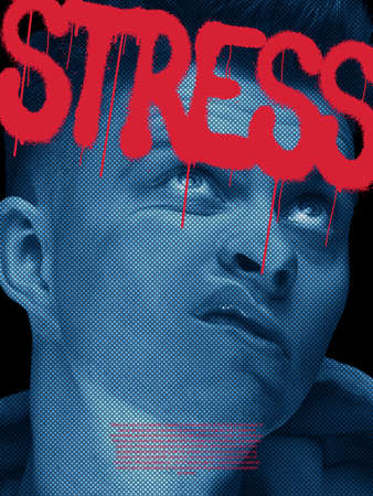 Conceptual poster with young mans portrait made with monochrome halftone vintage effect and neoned...