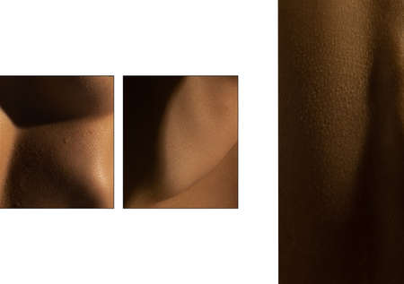Preset with closeup images of part of female body. Detailed texture of human female skin. Skincare,...