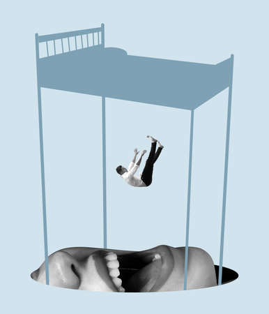 Person falls into dream, flies and soars in dreams and in invented world. Contemporary art collage. Inspiration, idea, aspiration and fantasy. Surrealism.の写真素材