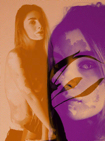 Creative portrait with glitch duotone effect. Multiple exposure, abstract fashionable beauty photo. Young beautiful female model. Youth culture, composite image,の写真素材
