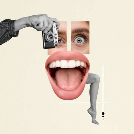 Contemporary art collage. Female eye, mouth and leg element. Taking photo with retro cameraの写真素材