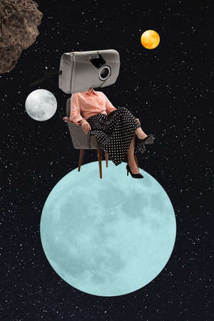Contemporary art collage. Retro design. Woman with vintage camera head sitting on chair isolated over space backgroundの写真素材