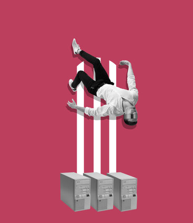 Contemporary art collage and modern design. Sleeping man falling down on pink background. Concept of...