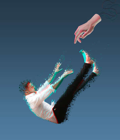 Contemporary art collage and modern design. Sleeping man falling into the abyss. Pixelate effect. Concept of idea, inspiration, creativity and art. Minimalismの写真素材