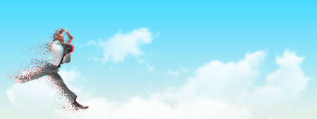 Conceptual creative artwork with young man walking on clouds. Concept of astronautics, dreams,...