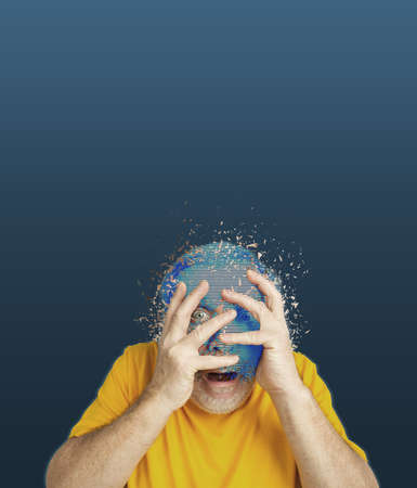 Contemporary art collage and modern design. Scared senior man with hologram instead face on dark blue background. Concept of idea, inspiration, creativity and art. Minimalismの写真素材