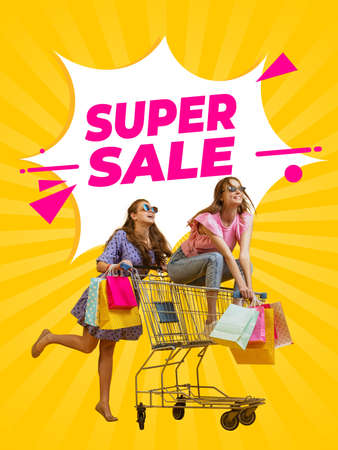 Creative poster, flyer with two happy girls with shopping bags ride on shop cart isolated on colorful abstract background. Concept of sales, black friday, discount, emotionsの写真素材