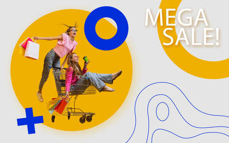 Creative poster, flyer with two happy girls with shopping bags ride on shop cart isolated on colorful abstract background. Concept of sales, black friday, discount, emotionsの写真素材