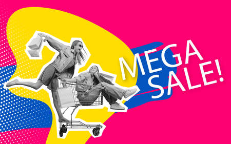 Creative poster, flyer with two happy girls with shopping bags ride on shop cart isolated on colorful abstract background. Concept of sales, black friday, discount, emotionsの写真素材