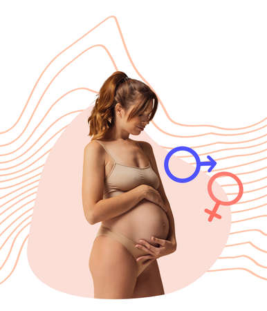 Pretty young pregnant woman wearing underwear thinking about future gender of child isolated on...