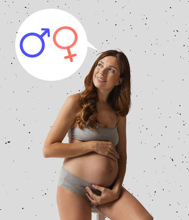 Pretty young pregnant woman wearing underwear thinking about future gender of child isolated on light abstract background. Contemporary art collage.の写真素材