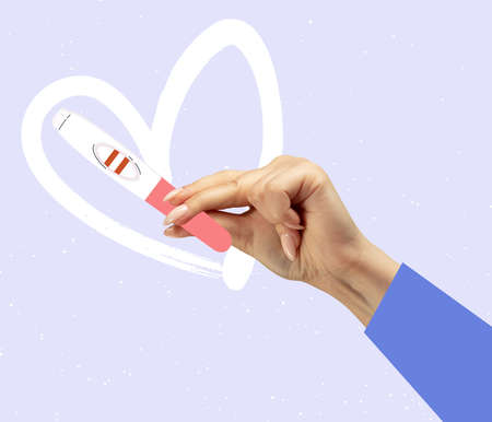 Contemporary art collage. Female hand holding positive pregnancy test. Motherhood, health and family...