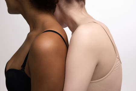 Close-up beautiful female different bodies isolated on white background. Fit, healthy and authentical womens body. Natural beauty, treatment, healthcareの写真素材