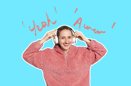 Creative collage with young cheerfull girl listening to music on blue background with drawings. Flyer with trendy colors. Human emotions, facial expression concept.の写真素材
