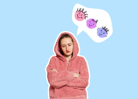 Young sad girl thinking, dreaming on blue background. Collage in magazine style with bright...