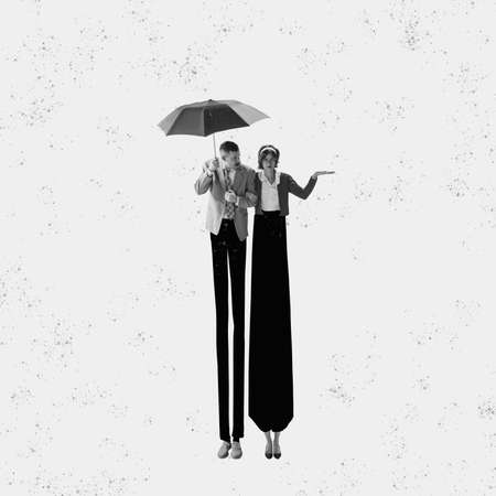 Monochrome contemporary art collage. Ideas, vintage, retro style, imagination. Young couple in love strolling on paper effect background. Surrealismの写真素材